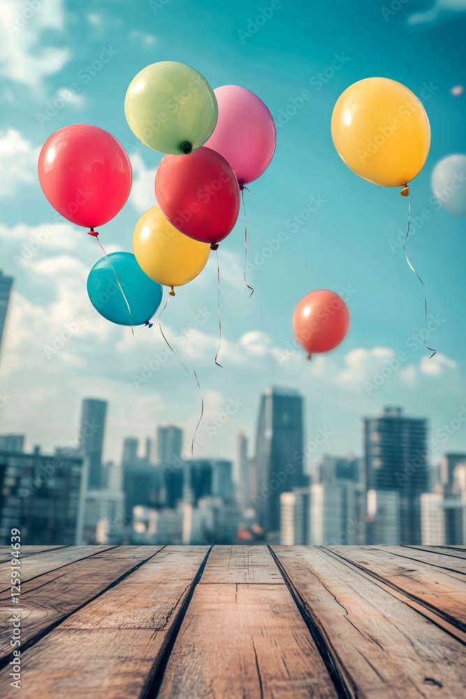 Poster colorful balloons floating over a cityscape with an empty wooden tabletop in the foreground