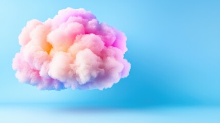 Fototapeta premium Fluffy pastel pink and yellow cloud floating against a clean blue background representing creativity and imagination.