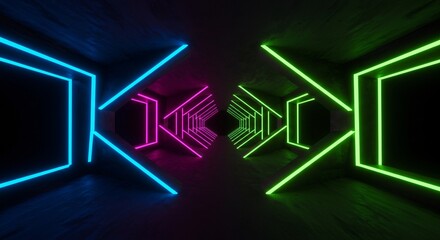 Geometric neon tunnels with glowing edges and perspective depth