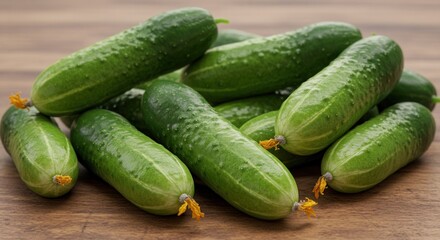 Fresh Cucumbers Displayed on a Wooden Surface Ready to Eat