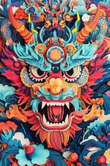 Intricate and vibrant paper cut artwork featuring a fierce chinese dragon head roaring amid swirling clouds and floral designs