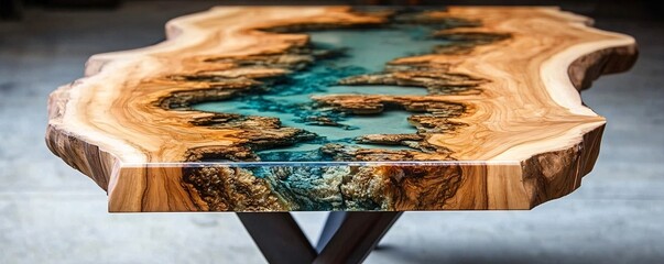 Expensive handmade wooden table with epoxy resin in workshop