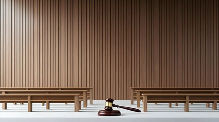 Empty Courtroom With Wooden Benches And Gavel