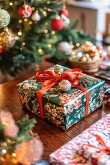 Christmas present adorned in floral wrapping paper sits beneath the festive tree on a wooden table