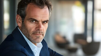 A focused businessman in a navy blazer exudes professionalism and determination