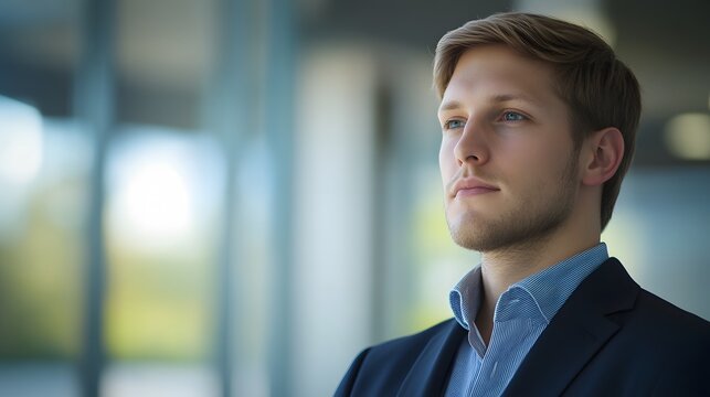 A focused businessman in a navy blazer exudes professionalism and determination
