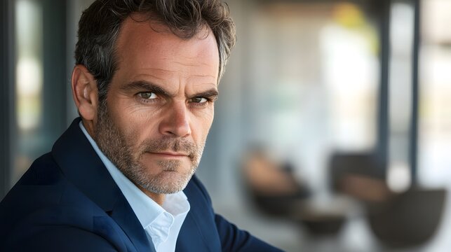 A focused businessman in a navy blazer exudes professionalism and determination