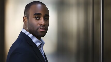 A focused businessman in a navy blazer exudes professionalism and determination
