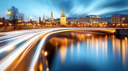 Obraz premium Light trails from cars streaking across a bridge, with the iconic Moscow Kremlin illuminated in the background, reflecting beautifully in the calm waters of the Moskva River at dusk