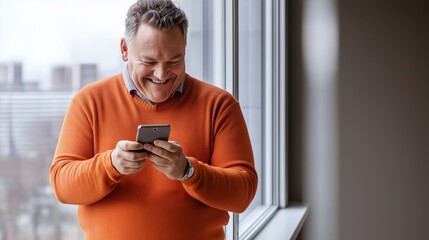 Happy businessman wearing an orange sweater, smiling while using a mobile phone next to an office window, enjoying the vibrant city view in a modern urban environment