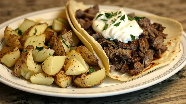 Delicious beef tacos served with roasted potatoes, garnished with fresh herbs on a white plate