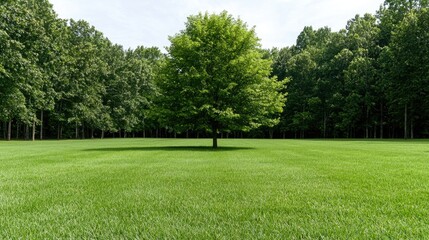 Obraz premium Single tree in a grassy field, surrounded by trees. Possible use in nature photography