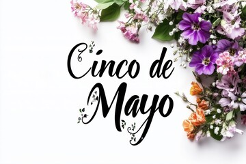 Obraz premium Cinco de Mayo Floral Greeting Card with Elegant Typography on White Background – Perfect for Festive Invitations and Celebrations