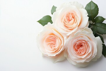 Three White Roses with Leaves. Copy space