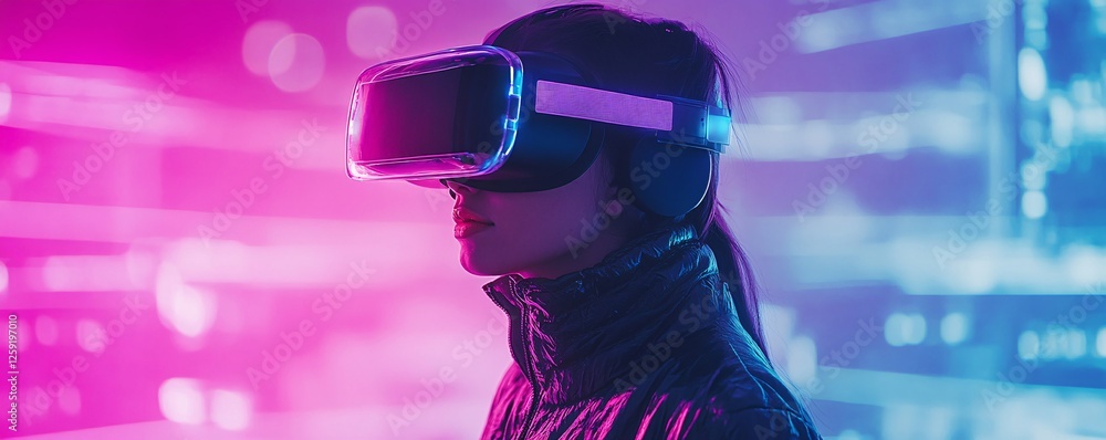 Aufkleber woman is immersed in virtual reality using vr headset with digital interface in background