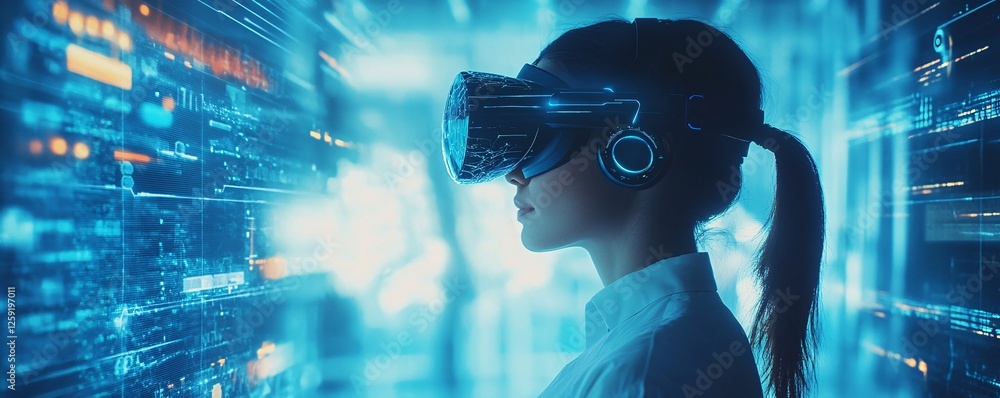 Aufkleber female wearing vr headset immersed in virtual reality environment, surrounded by digital data and in