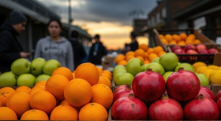 Fresh Fruit Market Display with Oranges, Pomegranates and Green Apples