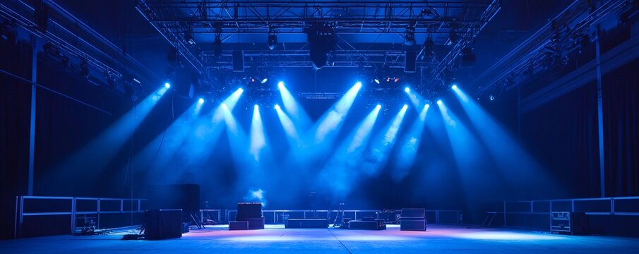 Spotlights illuminating an empty stage in a darkened hall, waiting for a live musical performance to begin