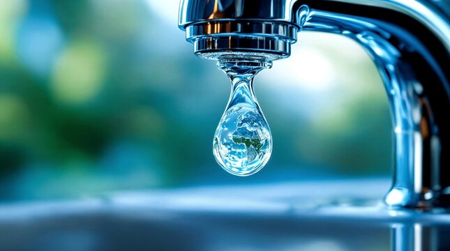Water drop shaped like planet Earth falling from a faucet