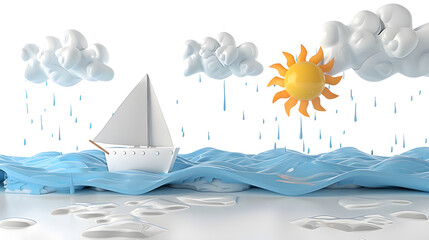 Cruise ship sun cloud boat paper 3d isolated on white background