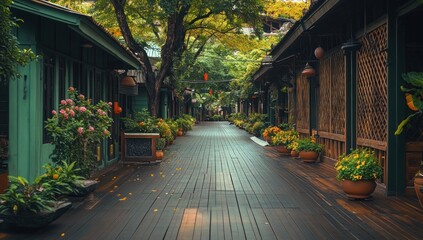 Fototapeta premium Serene Asian Alleyway: A Tranquil Stroll Through Lush Greenery and Traditional Architecture
