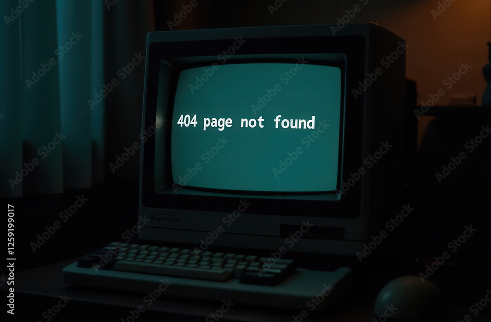 Poster an old-fashioned computer monitor displays a 404 page not found error message in a dark room illumin