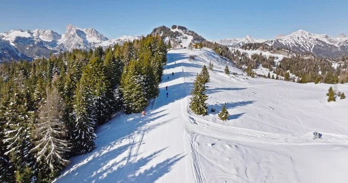 Aerial drone view of Col dei Baldi, Alleghe, in the Dolomites, Italy in daylight