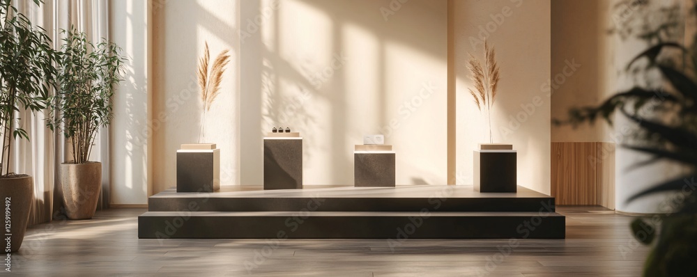 Aufkleber sun shining through window of empty showroom interior with black podiums and pampas grass for produc