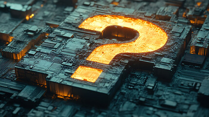 Fototapeta premium Glowing Orange Question Mark on Dark Circuit Board