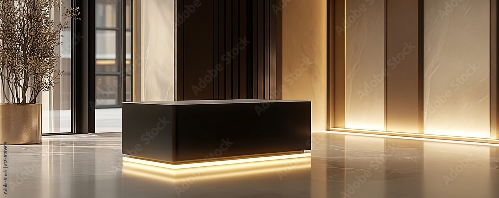 Poster empty reception interior with a modern backlit desk is illuminated by warm light