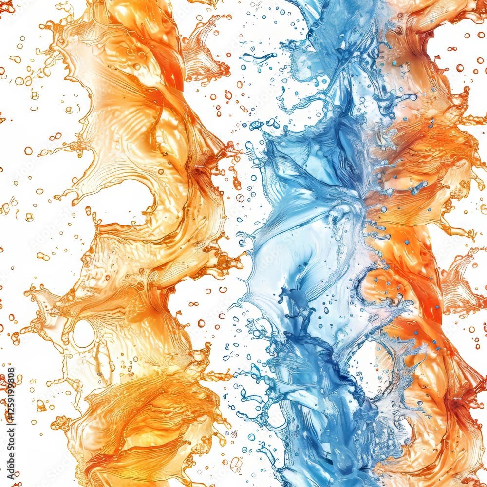 Poster this seamless pattern features vibrant splashes in shades of orange and blue. each splash is intrica