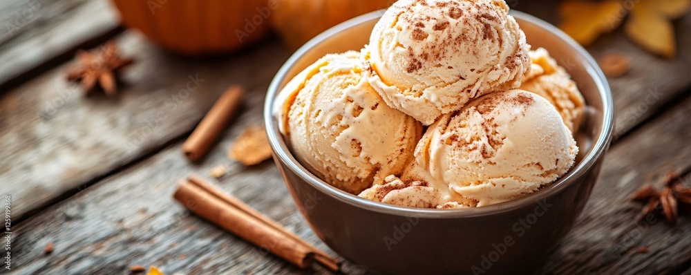 Aufkleber pumpkin ice cream with a sprinkle of cinnamon sits in a bowl on a rustic wooden table adorned with a