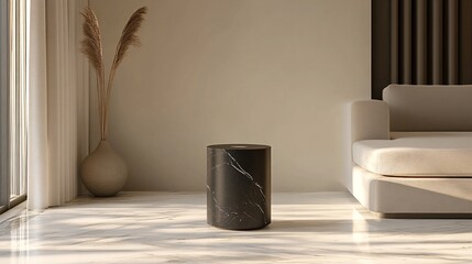 Modern living room with a black marble side table bathed in sunlight