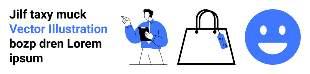 Fototapeta premium Businessman holding clipboard, pointing sideways. Shopping bag with price tag. happy face icon. Ideal for business, retail, shopping, marketing, customer service e-commerce flat landing page banner