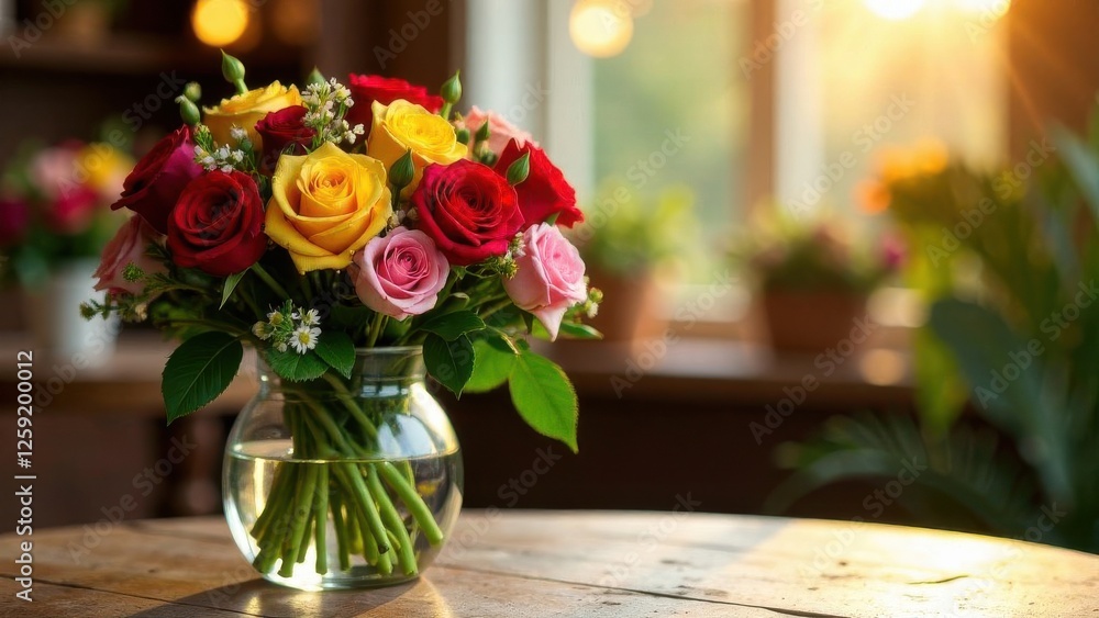 Poster a vibrant arrangement of multicolored roses sits in a clear vase on a rustic table. sunlight streams