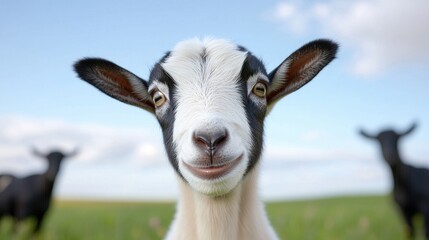 Obraz premium Happy goat kid in pasture, sunny day, farm background, for animal/farm publications