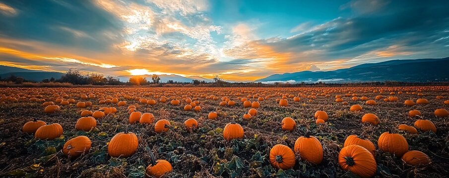 Field full of bright orange pumpkins ready for harvest as the sun sets in the background