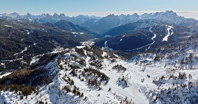 Aerial drone view of Col dei Baldi, Alleghe, in the Dolomites, Italy in daylight