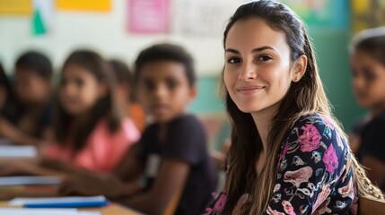 Obraz premium Young female teacher smiling in elementary school classroom with students in background