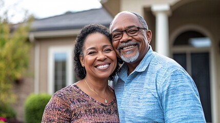 Elderly african american couple happily standing outside their own single family home