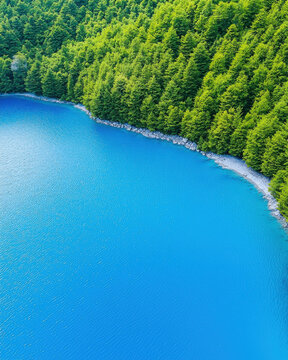 serene lake with vibrant blue water, surrounded by lush green trees