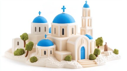 Greek Church Miniature: Blue Domes and Whitewashed Walls