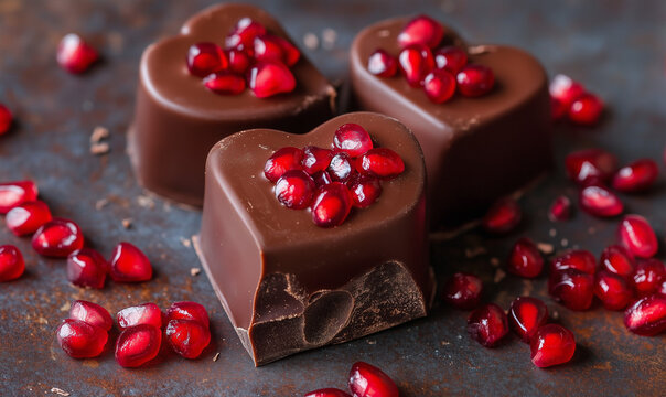 Sumptuous chocolate-covered pomegranate jewels arranged in heart-inspired design, offering decadent gourmet indulgence and unique luxury.