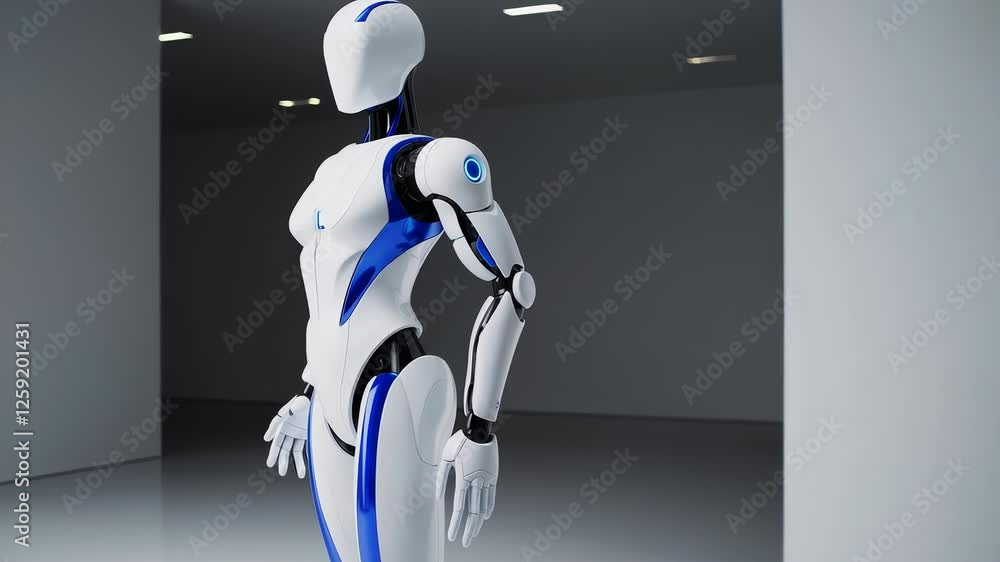 Poster futuristic robot walking in minimalistic space showcasing advanced design and smooth movement
