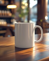 Fototapeta premium A white ceramic coffee mug on a wooden café table with a blurred background. Perfect for branding mockups, product presentations, or design customization concepts.