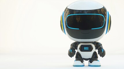 Playful humanoid robot character with large eyes and headphones