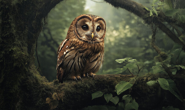 Tawny owl hoots softly while perched on a rain-drenched branch, exuding enchanting mysterious nocturnal allure