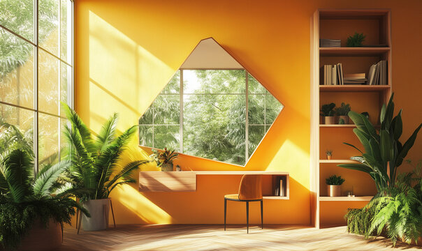 Bold geometric mirror with an asymmetrical frame creates an artistic focal point for innovative spaces