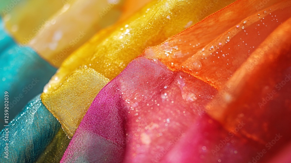 Poster vibrant silk fabric cascading with water droplets to form a stunning abstract backdrop