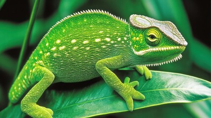 Fototapeta premium Green chameleon perches on leaf, vibrant foliage background, nature documentary